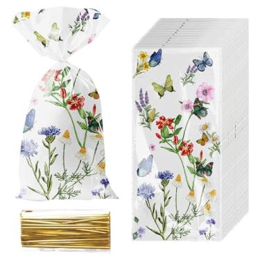 Imagem de 50 unidades de sacos de guloseimas de celofane de festa de flores silvestres, sacolas de plástico floral para doces, pequena bolsa de presente transparente com laços dourados para chá de bebê, chá de