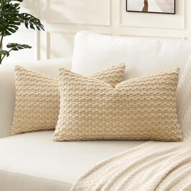 Imagem de OTOSTAR Capas de almofada decorativas de veludo cotelê Pom Poms 30,5 x 50,8 cm, super macias, boêmias, listradas, geométricas, para sofá, sofá, quarto, carro, decoração, conjunto de 2, marrom claro