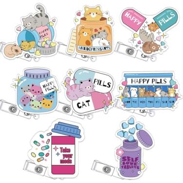 Imagem de Carretel de crachá de gato fofo de farmácia, acessórios retráteis, 8 peças, suporte de crachá médico de enfermagem, pílulas felizes, leve seus remédios, clipe para crachá médico assistente social RN