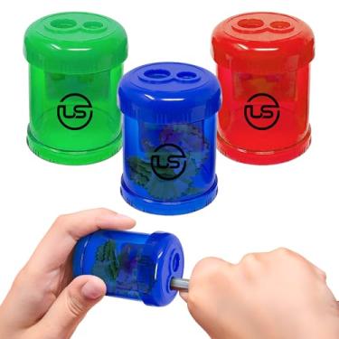 Imagem de Apontador de lápis manual, pacote com 3 apontadores azuis com tampa para lápis ou gizes de cera regulares e grandes
