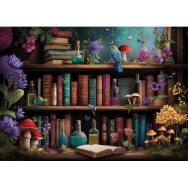 Imagem de Magic Mushroom Bookshelf Puzzles for Adults 1000 Pieces Nature Magic Bird Book Library Flower Jigsaw Puzzles Challenging Hard Difficult Puzzle