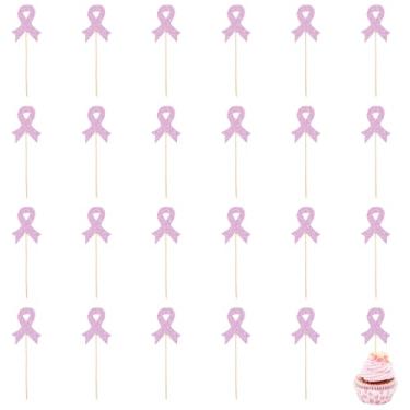 Imagem de CHGCRAFT 96 Sets 12 Bags Breast Cancer Awareness Cupcake Toppers Paper Glitter Labels Food Tags with Bamboo Stick for Cake Party Decoration