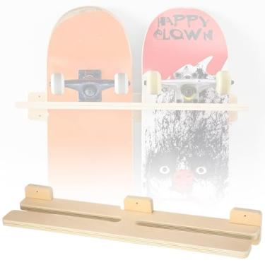 Imagem de Halloscume Suporte de parede para skate comporta 2 pranchas, suporte de parede duplo, suporte de parede de madeira, ferramenta de exibição para longboard snowboard deck casa garagem