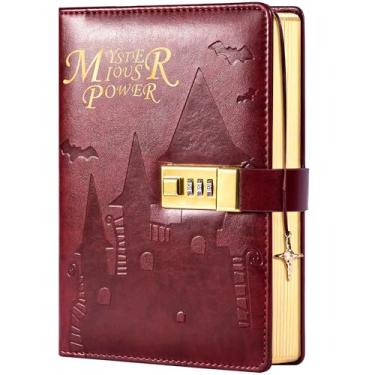 Imagem de Secret Diary Notebook with Lock, Gothic Castle Design, Star Bookmark, Girls Fantasy Journal (Burgundy)