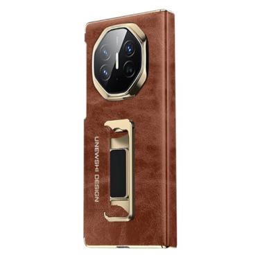 Imagem de HAOMRIYL Capa para Huawei Mate Xts, capa traseira de couro genuíno com suporte invisível com alça de pulso à prova de choque, capa de dobradiça, marrom, Mate XTs