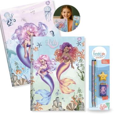 Imagem de Caderno Brochura Capa Dura Grande Sereias 2un 80 fls + Kit Escolar Fun