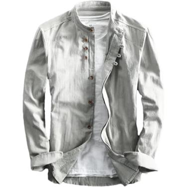 Imagem de Camisa De Linho De Algodão Masculina Formal Estilo Chinês Retrô Manga Comprida Gola Mandarim Camisa Casual Roupas De Conforto Macio, Light Gray, XXL