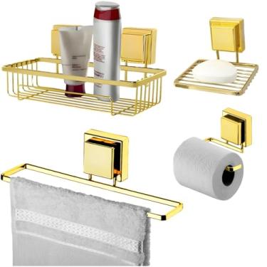 Imagem de Kit Banheiro Suporte Porta Shampoo Papel Higiênico Saboneteira Toalheiro 25cm Ventosa Dourado