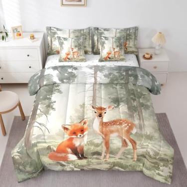 Imagem de Erosebridal Jogo de cama casal de animais selvagens com estampa de animais selvagens, animais da floresta, para crianças, meninos, meninas, raposa, veado, aquarela, arte de arte, conjunto de lençol