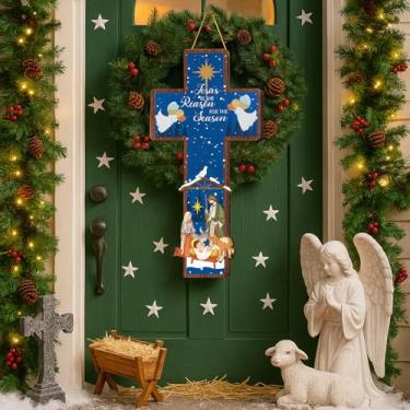 Imagem de Meooeck Placa de porta de Natal Jesus de 60 cm, enfeite de cruz de presépio de madeira, guirlanda cristã para pendurar na porta da frente para decoração de casa, ambientes internos e externos