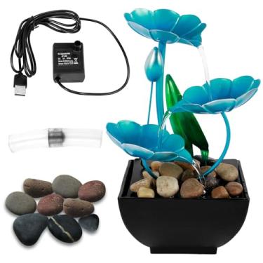 Imagem de Fonte de mesa alimentada por USB pequeno nenúfar cachoeira com rochas relaxamento fontes criativas decoração de cascata de mesa mini ornamento de fonte para decoração de mesa escritório quarto (azul)