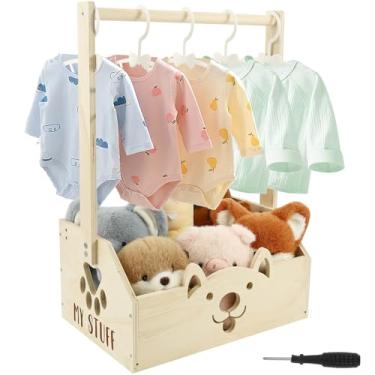 Imagem de Armário de madeira para chá de bebê, caixa de montagem fácil, cesta de armazenamento para chá de bebê com cabides e alça para roupas, brinquedos, presente de aniversário