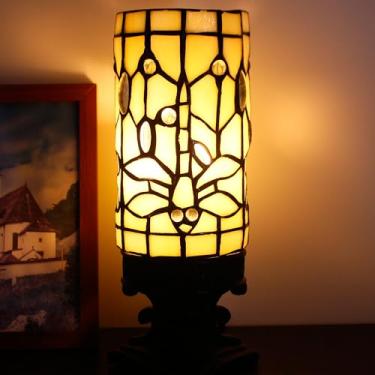 Imagem de Candeeiro de mesa pequeno Tiffany estilo libélula creme mini luminária de mesa de vidro manchado candeeiro de mesa com simpatia de memória com sombra cilíndrica 10 x 25 cm