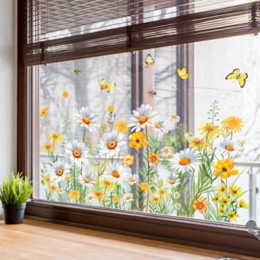 Imagem de Adesivos de janela de margarida com buquê floral amarelo adesivos de janela dupla face jardim primavera flores silvestres janela aderente borboleta grama decalques de vidro para prevenção de greves de