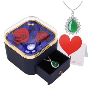 Imagem de RQJZ Presentes de aniversário para mulheres com colar de coração rosa preservada, caixa de joias feminina, presente romântico de Natal para esposa, namorada, presentes para ela, Prata esterlina