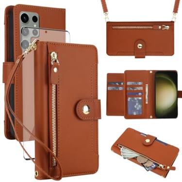 Imagem de Asuwish Capa de celular para Samsung Galaxy S23 Ultra 5G com zíper carteira, com protetor de tela de vidro temperado e alça transversal, suporte para cartão S23Ultra 23S S 23 23Ultra 17.3 cm feminino