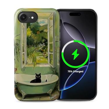 Imagem de casesok Capa para iPhone 16e, compatível com MagSafe, capa rígida de camada dupla + capa de silicone, proteção total à prova de choque para iPhone 16e-gato preto no banheiro