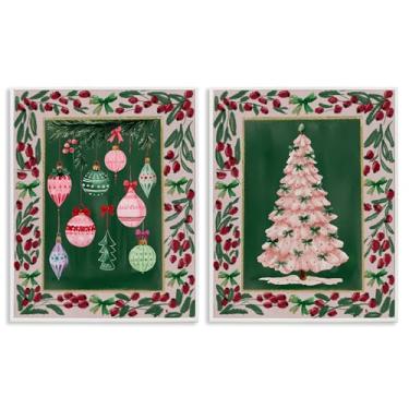 Imagem de Stupell Industries Conjunto de arte giclée emoldurado de 2 peças de ornamentos vintage e borda de árvore, design por Yen, 50 x 40 cm