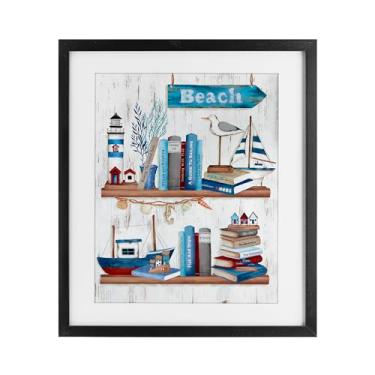 Imagem de Stupell Industries Livros náuticos na prateleira impressão emoldurada preta sob vidro, design de Emma Leach, 40,6 x 33,5 cm