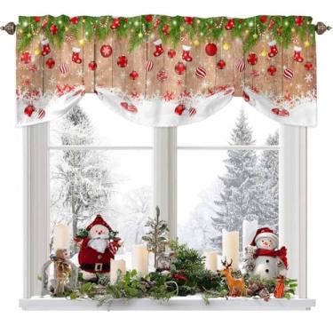 Imagem de YESOF66 Cortinas de Natal para Janelas de Cozinha, Bolas de Natal, Árvores Verdes, Grão de Madeira, Varão, Bolso para Varão, Cortinas de Janela para Sala de Estar, Quarto, Casa de Fazenda, 137 cm L x