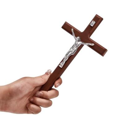 Imagem de Hexiangstore Presentes batismais de pais e parentes Crucifixo Cruz de parede - Decoração de parede de cruz de madeira feita à mão - Crucifixo católico - 19 cm para ou decoração de parede de mesa ou