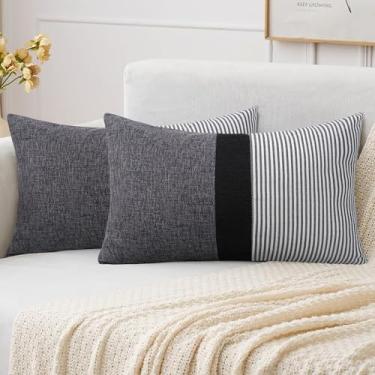 Imagem de Adabana Conjunto de 2 capas de almofada listradas, 30,5 x 50,8 cm, capas de almofada decorativas de linho quadradas de linho para decoração moderna de casa de fazenda, capas de pollowcases para sofá