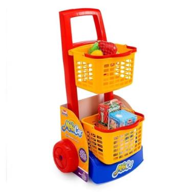 Imagem de Mini Cart Carrinho de Compras Infantil, Plástico, Cestas Removíveis, com Acessórios de Supermercado, Feira, Brinquedo Educativo P/ Criança, Presente, Imaginação (Carrinho de Compras de Brinquedo)