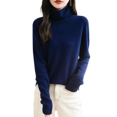 Imagem de Suéter feminino Chanyarn, 100% lã merino, gola alta, azul marinho