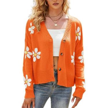 Imagem de Suéter de cardigã LOAIHA Vintage Floral Crop com decote em V feminino