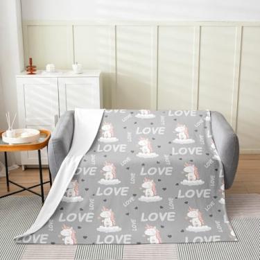 Imagem de Feelyou Cobertor infantil cinza de flanela de unicórnio 101,6 cm x 127 cm Cobertor felpudo de cavalo sonhador para sofá decoração de meninos fofo unicórnio mágico coração amor todas as estações