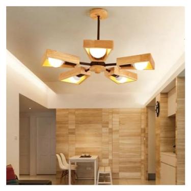 Imagem de Lustre de teto moderno E27 Windmill LED - Luz suspensa de madeira compatível com sala de estar, quarto, lâmpadas de lustre