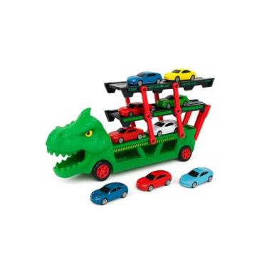 Imagem de Caminhão Dinossauro T-Rex Porta-Carros com 6 Carrinhos de Brinquedo Infantil Educativo Presente para Meninos e Meninas