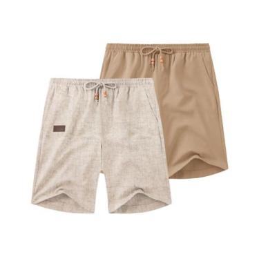 Imagem de Shorts COOFANDY de linho casual para homens, cintura elástica, cáqui, 