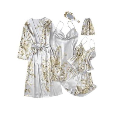 Imagem de Conjunto de pijama feminino GORGLITTER com estampa floral, cetim, 5 pe