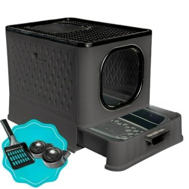 Imagem de Caixa De Areia Fechada Para Gatos Porta Transparente 02 Comedouros Pá Fácil Limpar Gatos Todos Portes Residencia Caixa De Areia(SB LUXO + PENEIRA - BLACK)