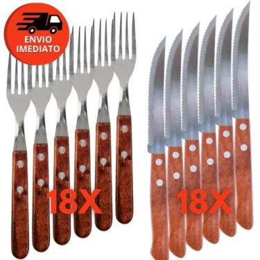 Imagem de Jogo Garfo Refeição E Faca Mesa Talher Em Inox Cabo Madeira Casa Resta