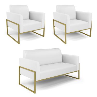 Imagem de Sofá Namoradeira com 2 Poltronas Base Industrial Alta Dourado Marisa Corino Branco D03 - D?Rossi