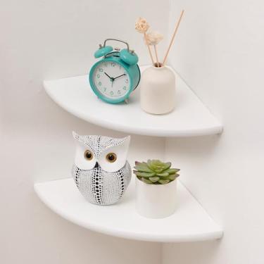 Imagem de Prateleira de canto, prateleira de canto flutuante branca, conjunto de 2 prateleiras de parede de madeira de carvalho maciço de 18 cm, prateleira de exibição de parede de extremidade redonda com