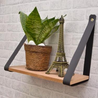 Imagem de Prateleira Suspensa de MDF com Alças de Couro - 29x13cm, Minimalista para Plantas, Livros e Decoração(Preta,KitCom4)