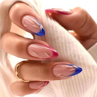 Imagem de Kit de unhas de pressão de amêndoa média francesa vermelha azul cola falsa conjunto de unhas com design de folhas simples capa completa bastão falso artificial em unha de acrílico para mulheres uso