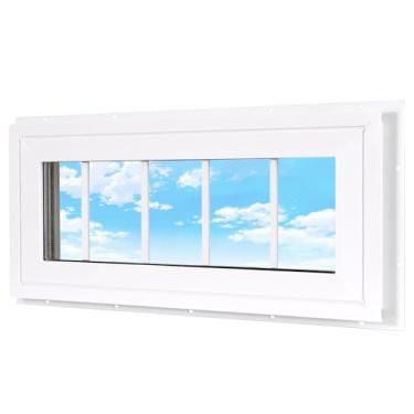 Imagem de Janela doméstica de popa de vinil, janela fixa de painel duplo de 25,4 cm x 73,7 cm com grades e vidro temperado para casa, garagem (branca)