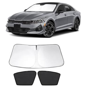 Imagem de Fannyc 3 peças de persianas de janela de carro pára-brisas dianteiras sombra de janela dobrável ajuste personalizado para acessórios KIA K5 2021-2024 persianas de carro para janelas dianteiras raios