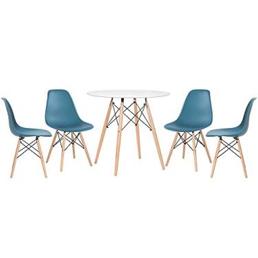 Imagem de Loft7, Kit - Mesa redonda Eames 80 cm branco + 4 cadeiras Eiffel Dsw Turquesa