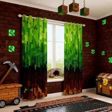 Imagem de Manfei Cortinas blecaute pixeladas Sandbox, cortinas de janela de videogames em rede de patchwork, decoração simples de sala de jogos de berçário, quarto de bebê, marrom, verde, 2 painéis, 106 cm L x