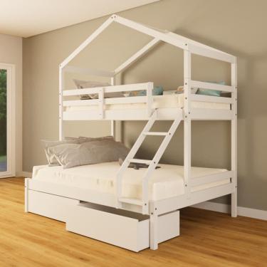 Imagem de Beliche Casal/ Solteiro Casinha com Gavetas Madeira Maciça Branco Megamobilia