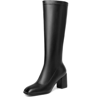 Imagem de WINDBXYB Botas de cano alto femininas Gogo salto grosso bico quadrado elástico fantasia botas altas, Preto, 40