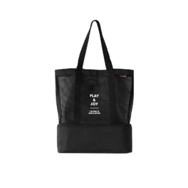 Imagem de Bolsa de Praia Feminina com Compartimento Térmico, Rede Ventilada, Nylon, Preta, 3 Compartimentos, Alça Ajustável, Design Casual, 20x12x3 cm