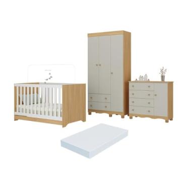 Imagem de Quarto de Bebê Completo Berço Americano 3 em 1 Colchão Dengo Multimóveis Mp4608 Madeirado/off White