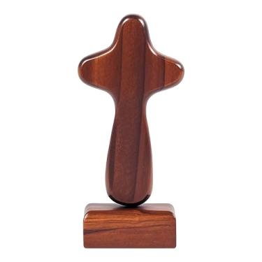 Imagem de Cruz de oração em pé de madeira com base magnética, cruz de mão para conforto, decoração de mesa cristã para casa e escritório (marrom escuro)