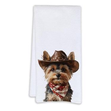 Imagem de Cabana Bro Toalhas de cozinha Yorkshire terrier, presentes de Yorkie para mulheres, toalhas de mão decorativas para banheiro, engraçado cowboy ocidental Yorkshire terrier, panos de prato para cozinha